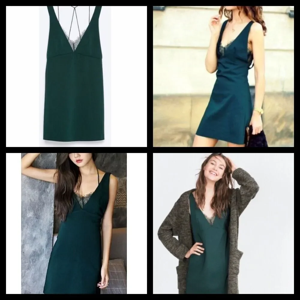 Zara Lace Strappy Cocktail Sexy Holiday Party Mini Dress‎ Small Dark Green